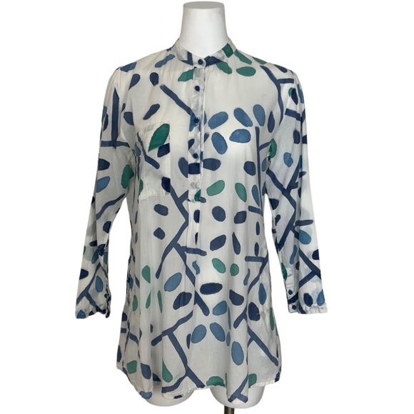 Roberta Roller Rabbit Tunic Blouse S White Blue Long Sleeve Henley Coastal Boho - Picture 1 of 12